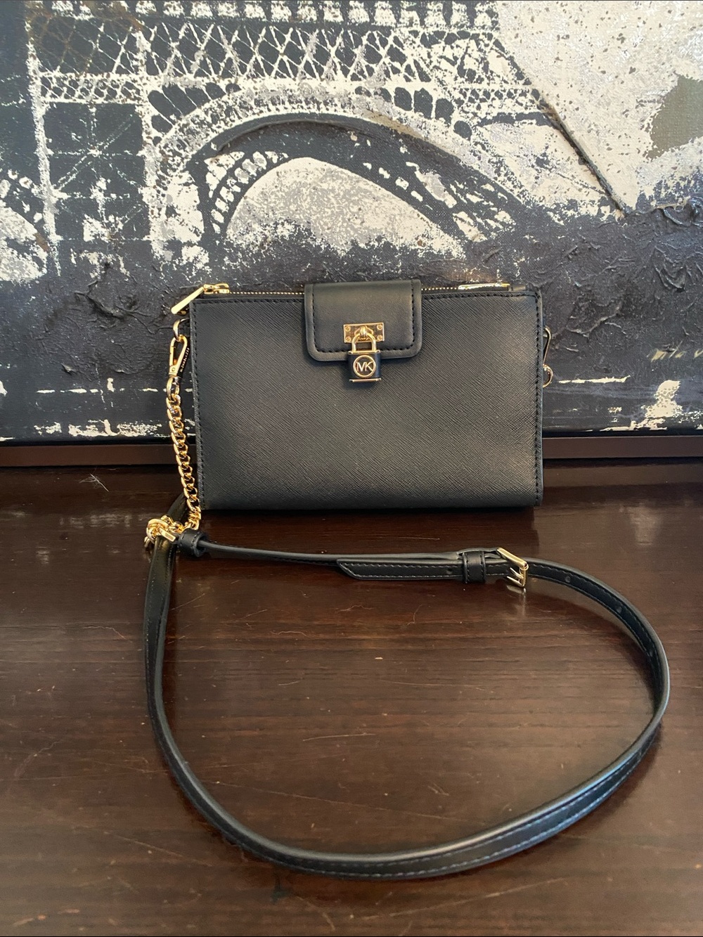 Authentic Michael Kors Black Saffiano Leather Crossbody Wallet, Gold Hardware